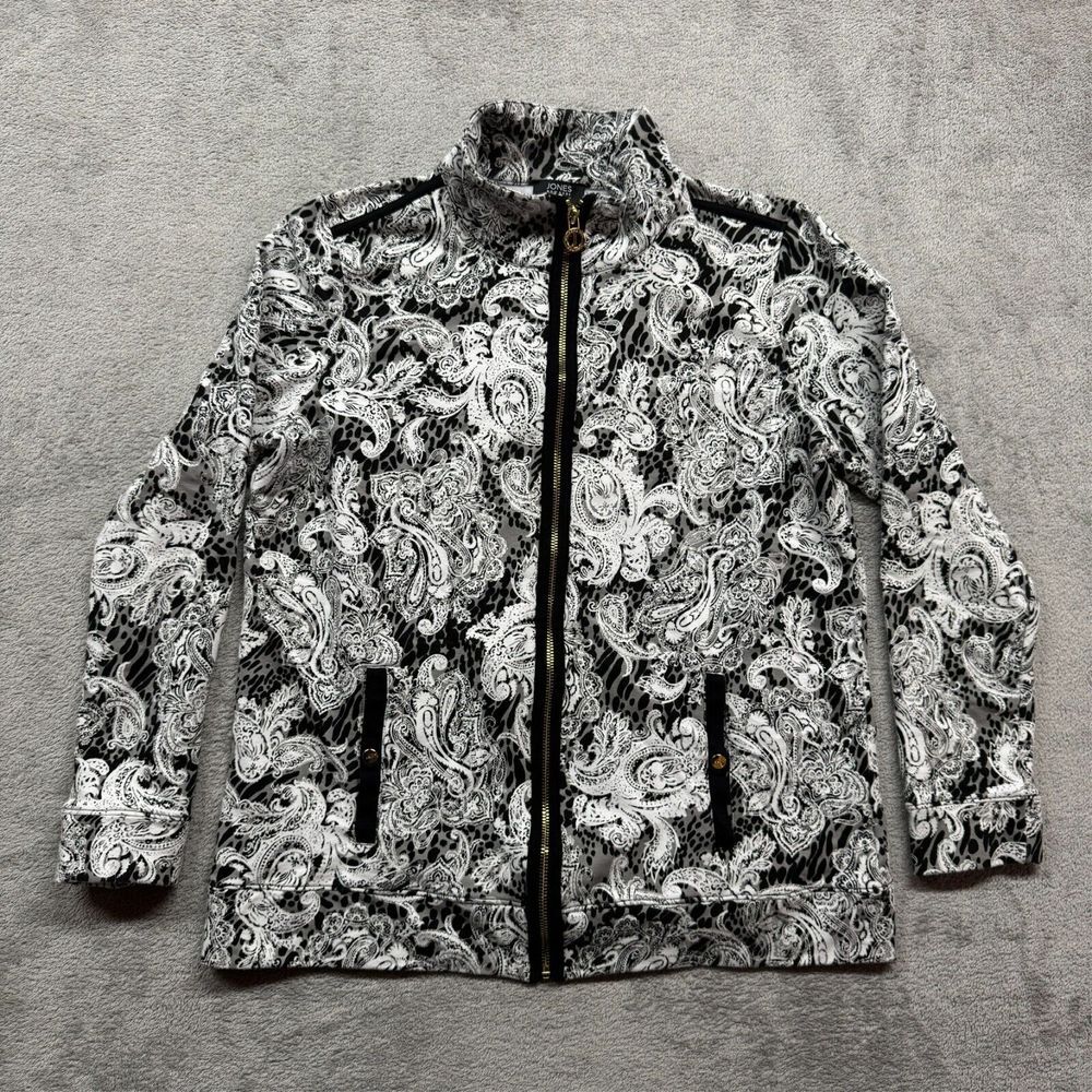 Jones New York Full Zip Light Jacket Womens Large White Black Floral All Over‎